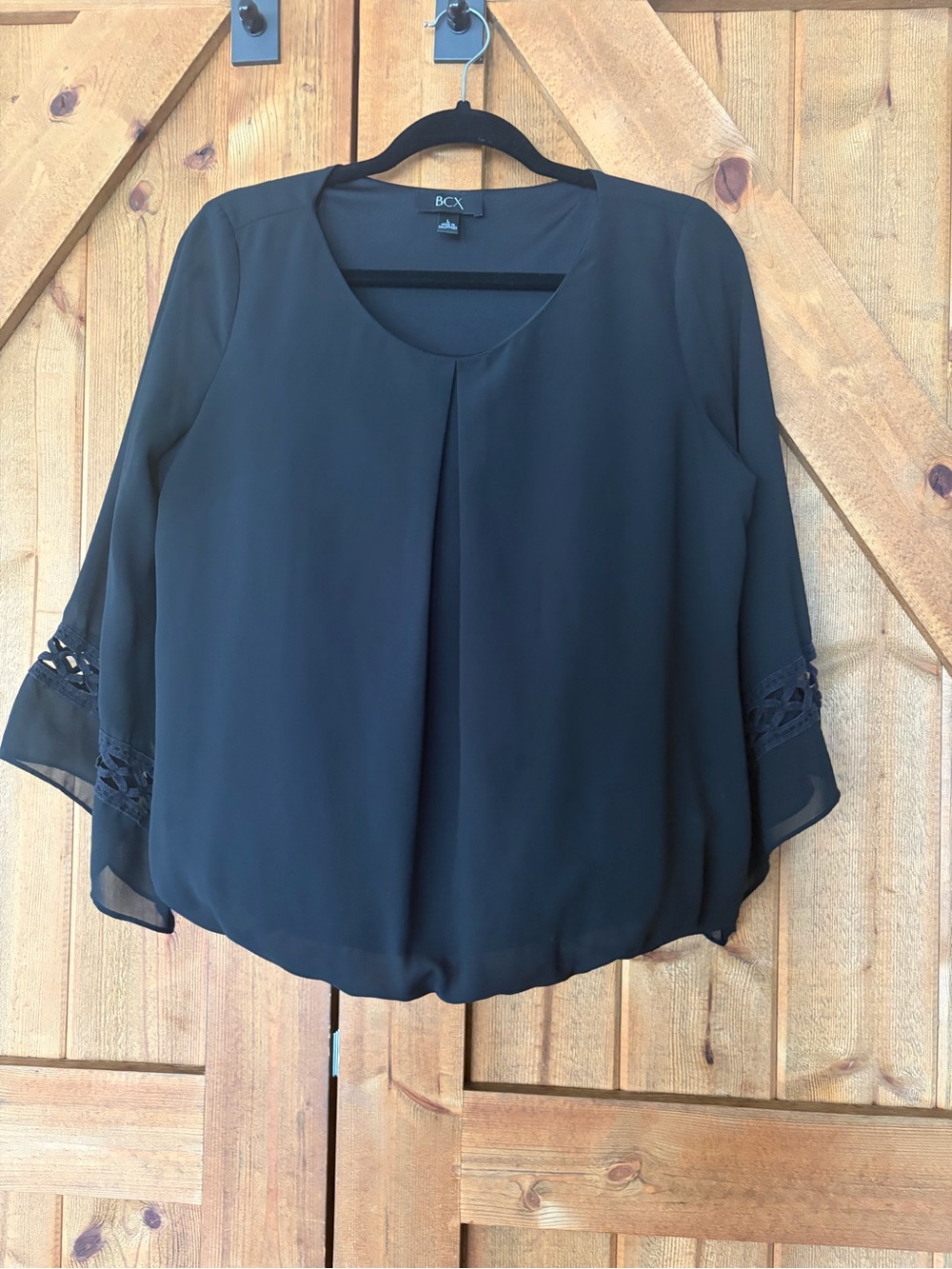 BCX Black Semi-Sheer Scoop Neck Blouse with Lace Sleeve Detail